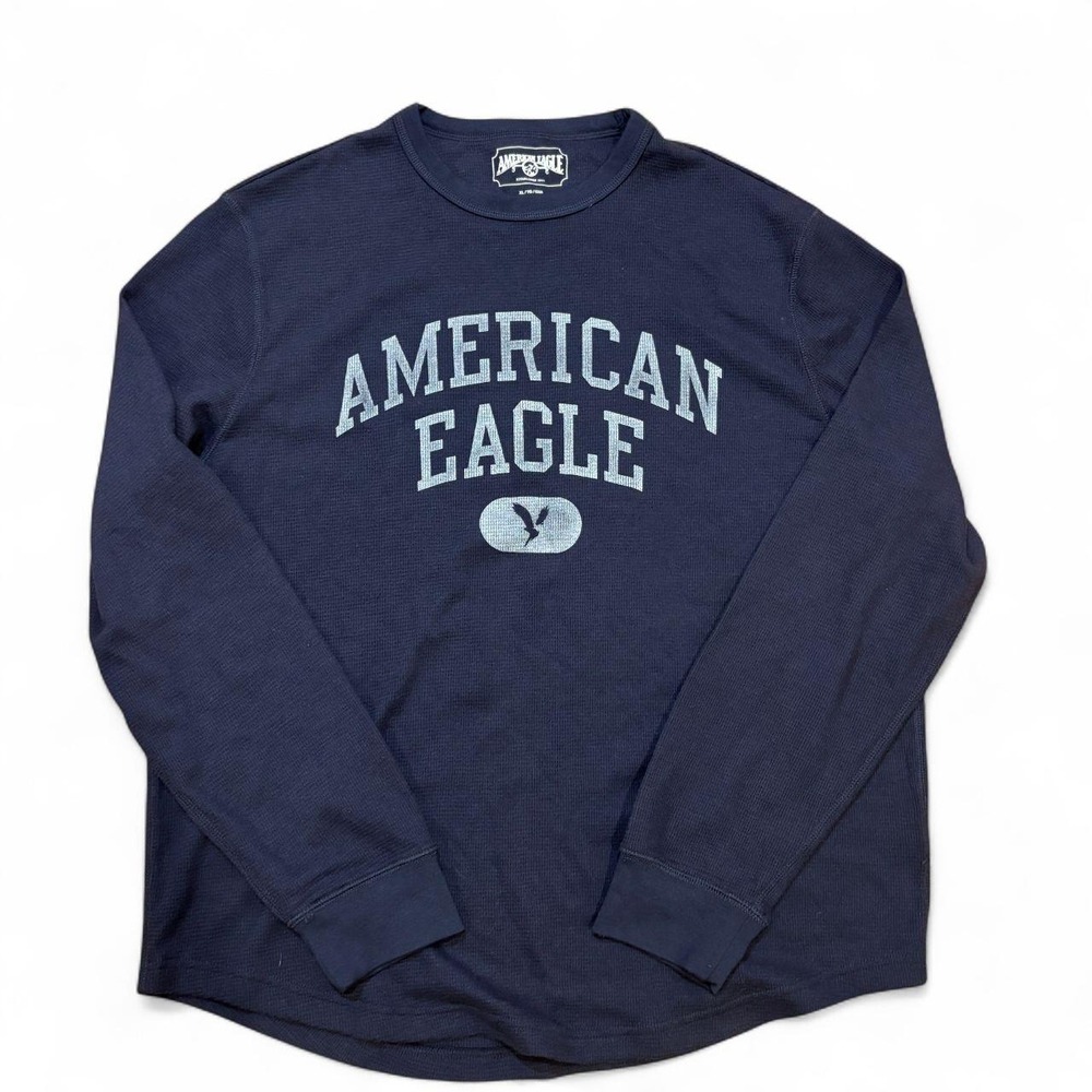 American Eagle Mens XL Dark Blue Waffle Knit Long Sleeve Graphic T-Shirt